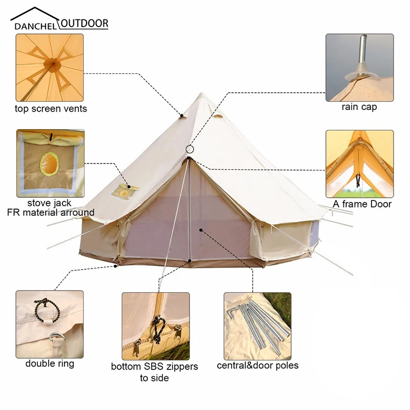 DANCHEL Открытый водонепроницаемый плесени-доказательство холст колокольчик палатка с двумя печками куртки(верх и стена) с верхней дымохода стены свернуты
