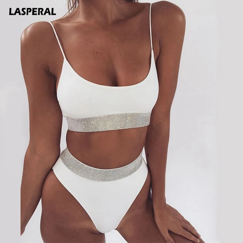 

LASPERAL 2019 Sexy Sequins Bikinis Set Women Strappy High Crop Top Swimsuit Push Up Swimwear Solid White Maillot De Bain