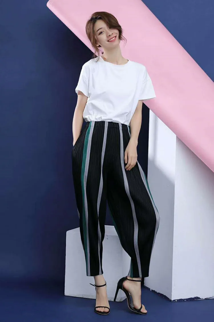 Fois Fendu Plissé De Élastique Pantalon Gratuite Stock gris Rayé Taille Noir Livraison Harem En x4C1Uqx