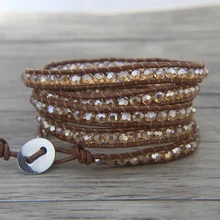 Boho crystal Leather wrap bracelet gold glass bead bracelet 5 rows wrapped beaded bracelet yoga jewelry boho jewelry