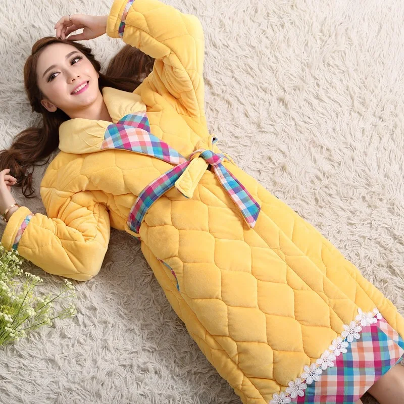 Women Winter Sleeping Robes Night Wear Clothes Women Pajamas Adjustable Waist Flannel Thick Warm Pajamas Winter Padded Robe JW335