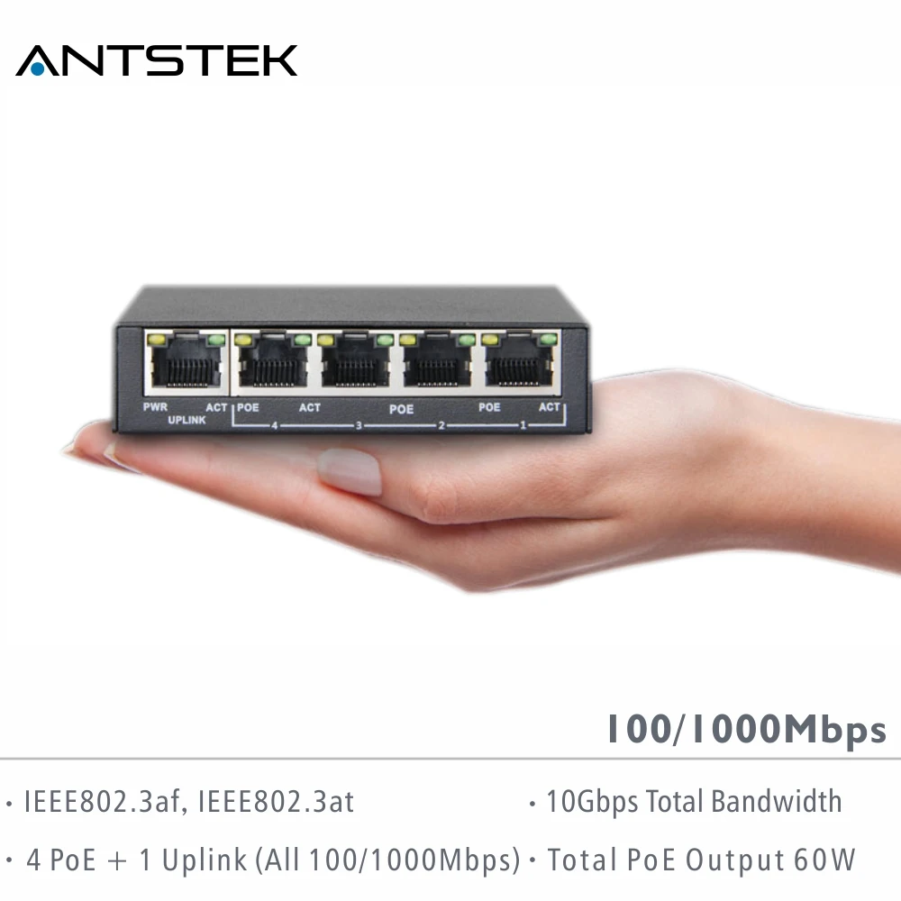 ANTSTEK супер мини 4-Порты и разъёмы 10/100/1000 Мбит/с IEEE802.3af IEEE802.3at PoE + 1-Порты Uplink Palm