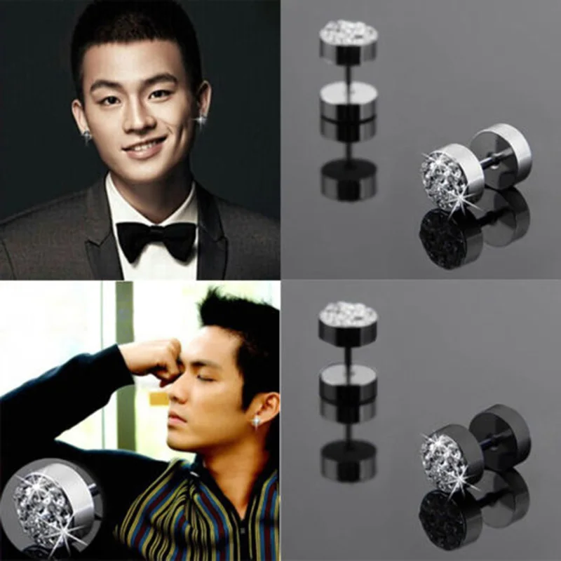 

1 Pair 8 mm Punk Black/Silver Men's Barbell Stainless Steel Crystal rhinestone Ear Studs Earrings For Women Jewelry 2 Colors