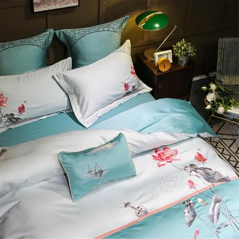 Waliicorners 60S Egypt Cotton Luxury 4/7pcs Bedding set Queen/King Size Embroidery style Bed set Duvet cover Bed linen Pillowcases 24 3c
