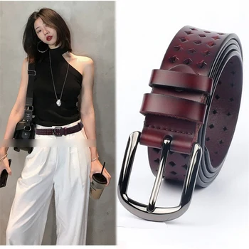 

JXQBSYDK Luxury Brand Belts for Women Fashion Hollow Belts Solid Color High Quality Leather Belts Pin Buckle Strap Belts 2019