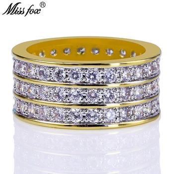 

MISSFOX Hip Hop 3 Rows Micro Pave CZ Diamond Luxury Brand Mens Rings Fashion 18K Gold Dainty Ring Free Shipping Bulgaria Ring