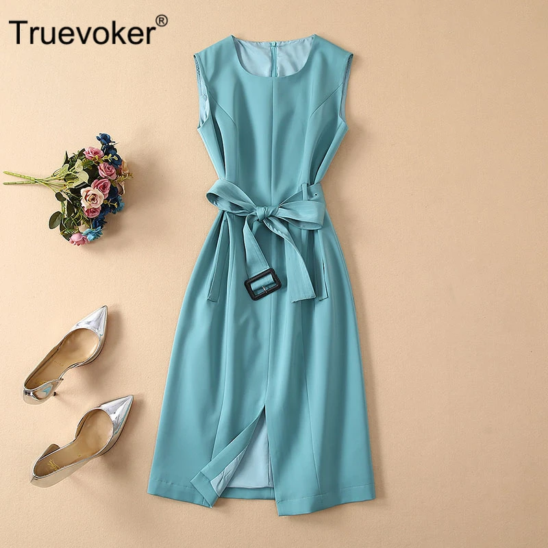 

Truevoker European Designer Dresses Women's High Quality Sleeveless Light Blue Brief Tied Waist Office Lady Formal Vestidoes