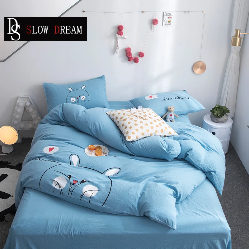 

SLOWDREAM Cute Cartoon Bedding Set Blue Duvet Cover Set Flat Sheet Pillowcase Kids Adult Bed Set Double Queen King Home Textiles