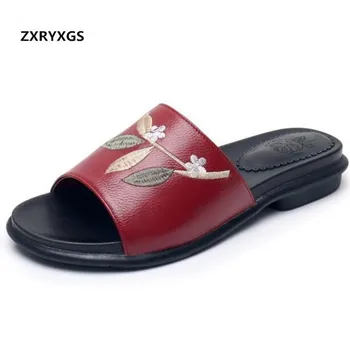 

2020 Soft Cowhide Embroidered Flower Women Fashion Slippers Flat Sandals Summer Wear Soft Bottom Women Leather Sandals Plus Size