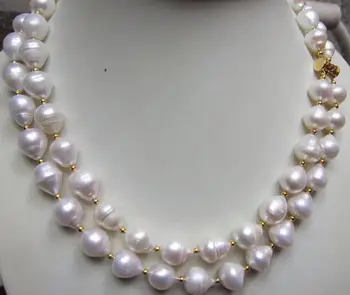 

Beautiful 2row 11-13mm natural white pearl necklace 17"-18" Yellow Clasp