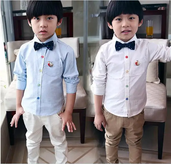 Retail 2014 new autumn baby boy shirt white light blue cotton long