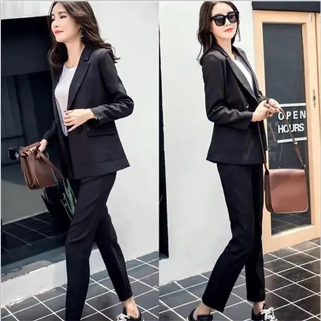  Black Pants Suit for Women 2 Piece Blazer Sets Open