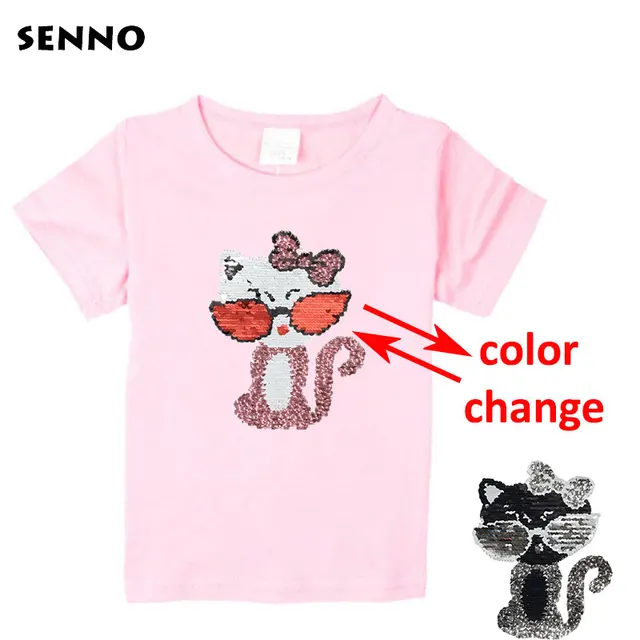 Double Sided Sequin Flash Glitter T-Shirts For Girls Sequins T Shirt Girls Cartoon Cat Kids Tshirt Summer Teen Clothes For Girls Army Green