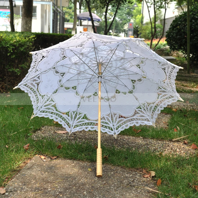 Vintage Victorian Embroidery Lace Cotton Wood Handle Sun Parasol