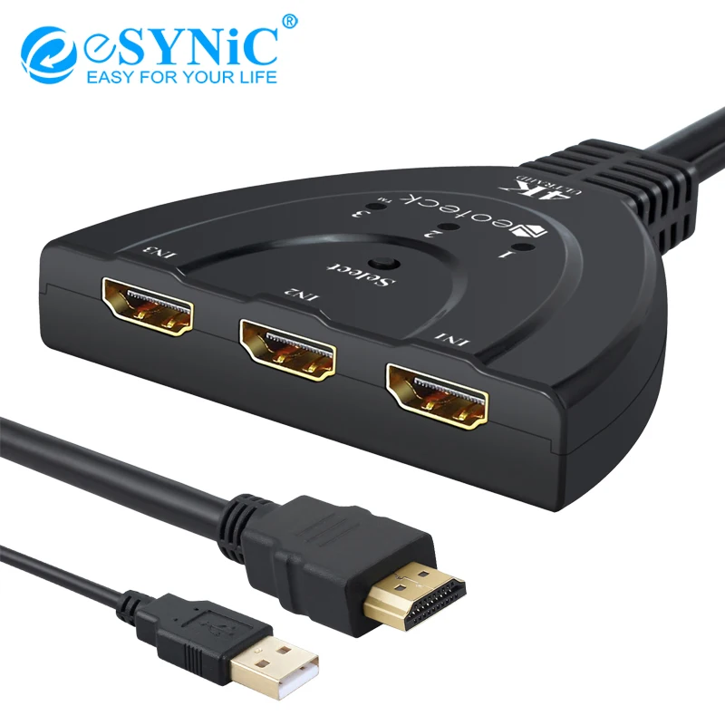 

eSYNiC 3 In 1 Out 4K 3D 1.4b HDMI Switcher+USB Power Cable Support Multiple HD Input Sources for DVD Box PS3 PS4 3 Port Switcher