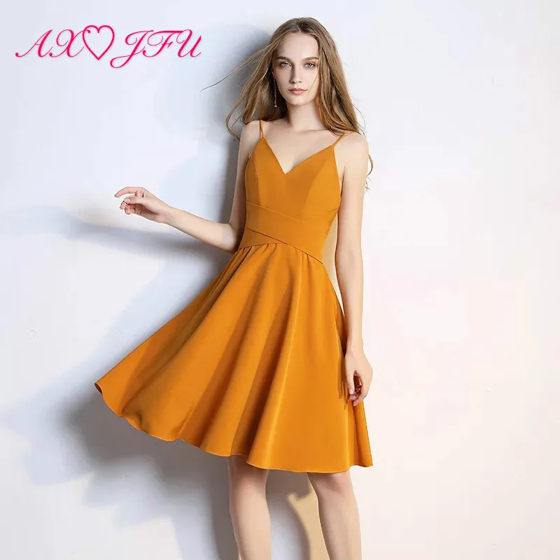 

AXJFU Sexy yellow spaghetti strap pink simple chiffon Exhibition Car Model short white evening dress little black dress