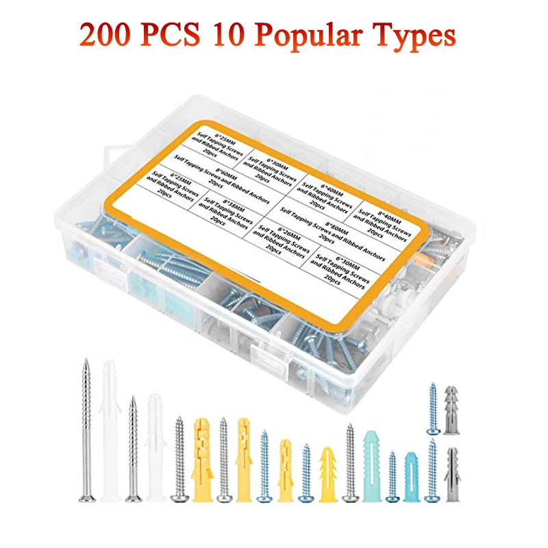 Plastic Self Drilling Drywall Ribbed Anchors Assortment with Screws Kit