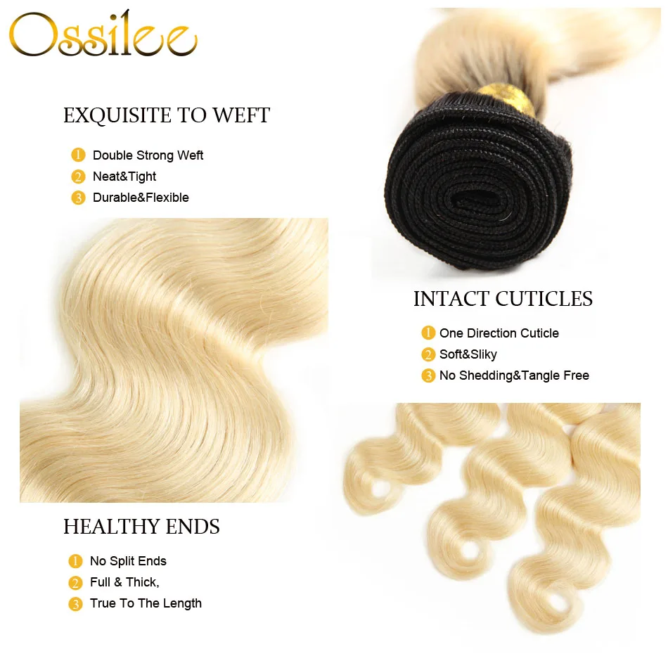 Ossilee Blonde Bundles with Closure 1b/613 Bundles Brazilian Body Wave Bundles with Closure Non Remy Hair Bundles with Closure