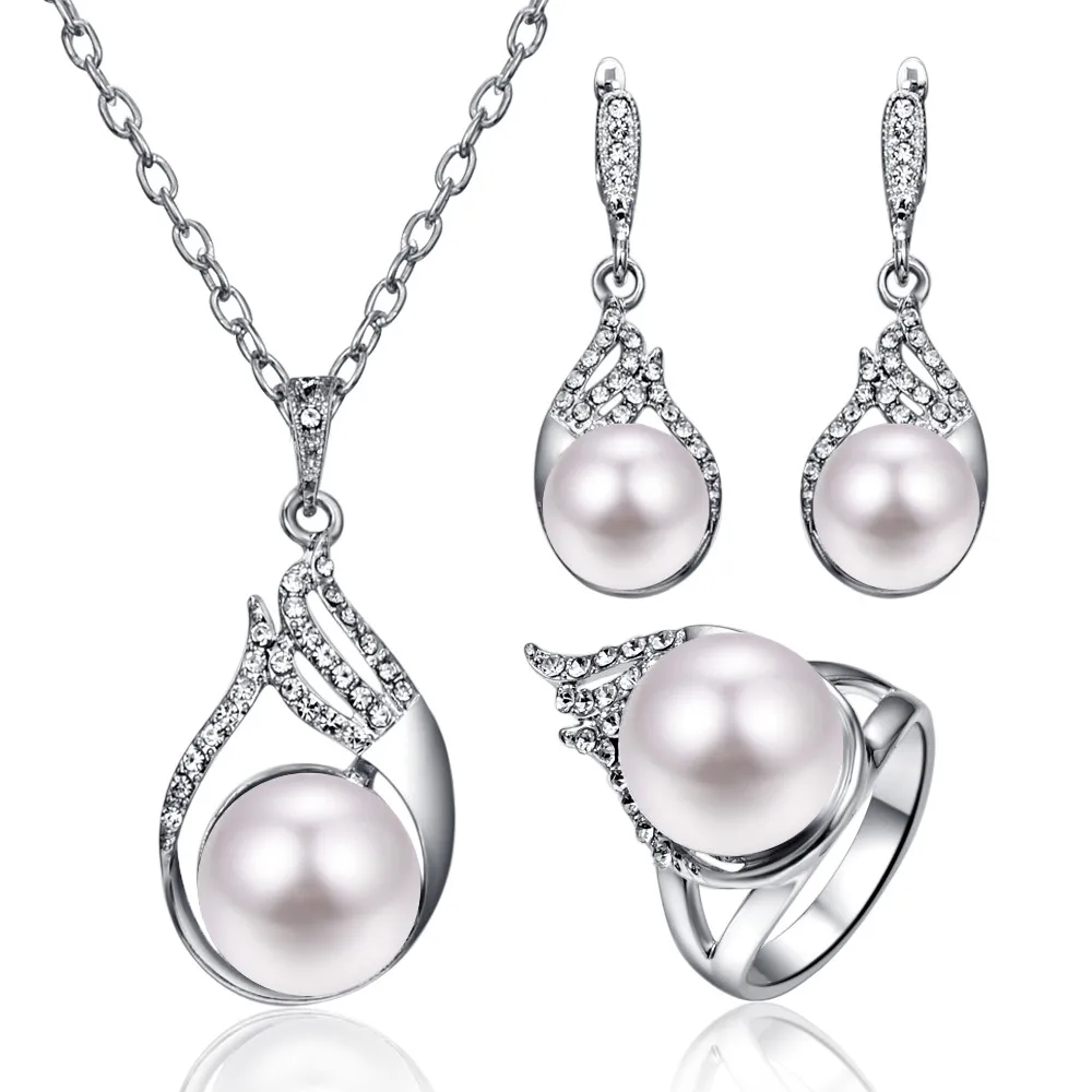 

Fashion Bridal Pearl Jewelry Sets For Women Silver Color Full Rhinestone Crystal Water Drop Pendant Necklace Earrings Ring Set