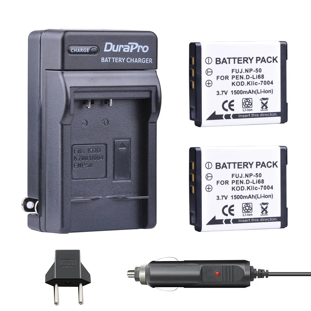 

2pc 1500mAh NP-50 KLIC-7004 D-Li68 Camera Batterie + Wall / Car Charger for Fujifilm FinePix F50FD F60FD F70EXR F75EXR