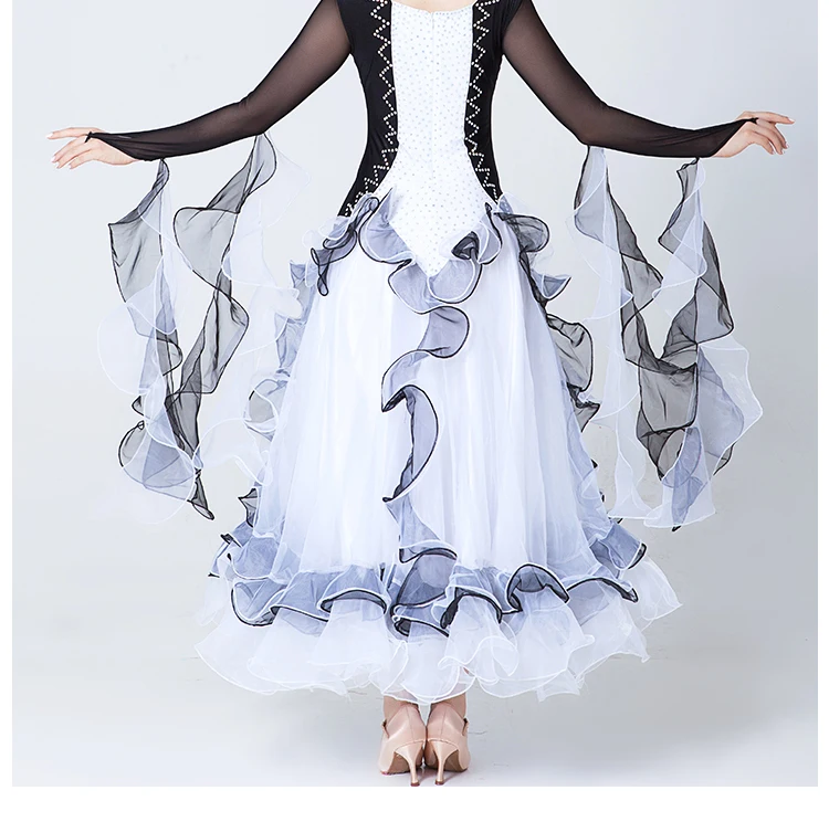 Сексуальное женское международное стандартное бальное платье для танцев черное белое соревнование фламенко платье для женщин испанский танец платье 89