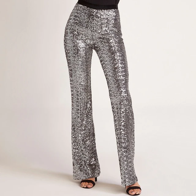 Women Lady Glitter Sequins High Waist Wide Leg Trousers Loose Casual
