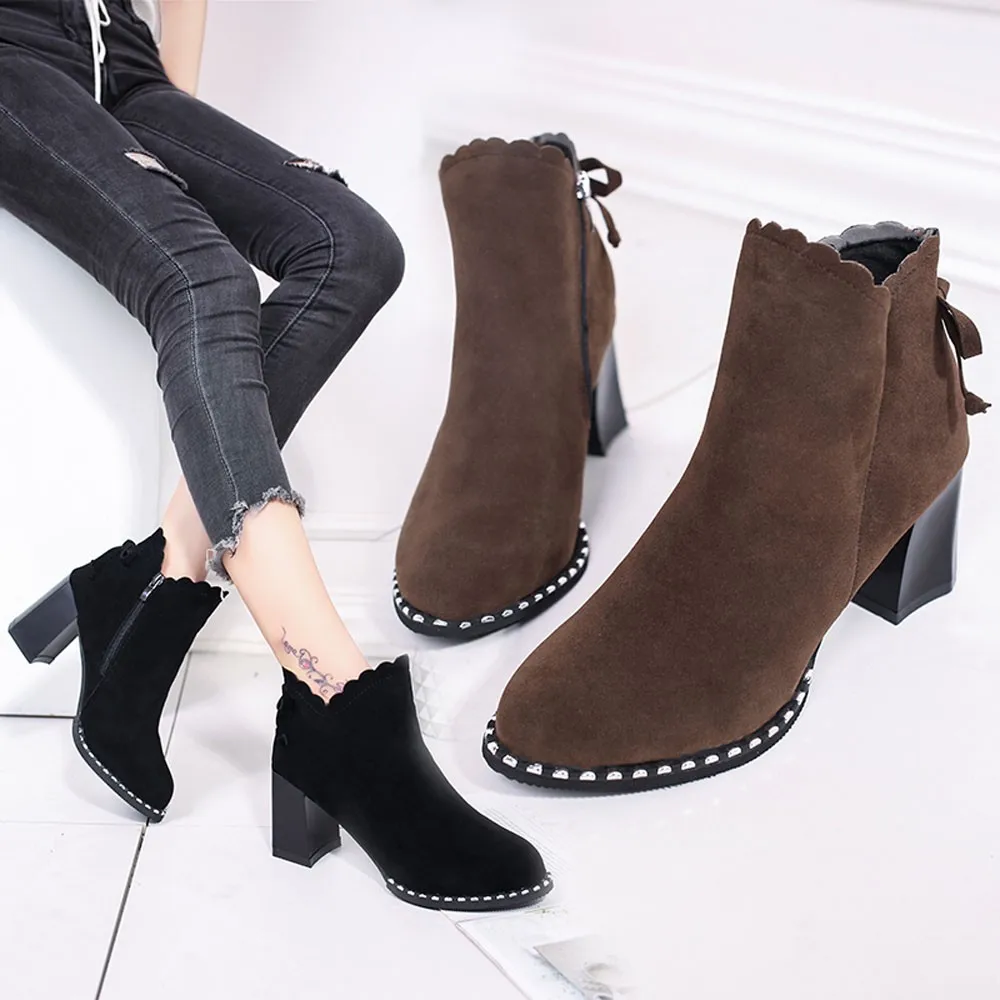 Boots Martin Female Thick With Short Boots Scrub Side Zip High Heels Round Toe Bow Boots Outdoor PU Leather Winter Shoes Sep#