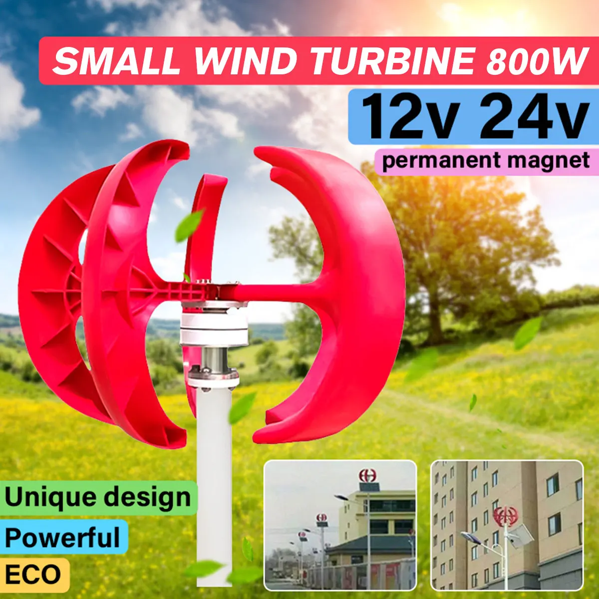 

New Max 800W 12V/24V Wind Turbinen Generator Lantern 5 Motor Kit Vertical 3 Phase AC Permanent Magnet Generator Hot