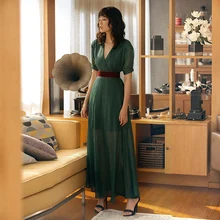 VERRAGEE women vintage dress 2019 new arrival summer V-neck A-line dress with belt black green Long elegant maxi Dress maxi cami dress with fringing black