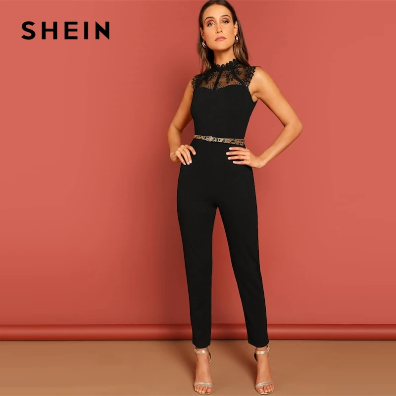 SHEIN noir Constract dentelle corsage dos ouvert licou Skinny mi taille sans manches combinaison automne femmes moderne dame combinaisons