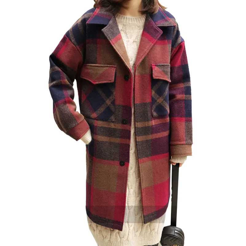 

2019 Autumn Winter Plaid Women Long Winter Wool Blend Coats Casual Wide-waisted Wool Coat and Jacket Single Breasted Outerwear