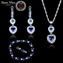 Модное сердце в сердце синий кубический цирконий белый CZ 925 серебряные ювелирные наборы для женщин серьги/кулон/ожерелье/браслет