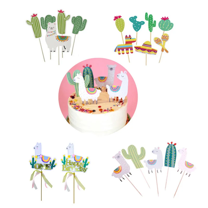Животные Альпака топперы на торт для вечеринки день рождения украшения для детей флажки для торта кактус лама Альпака Единорог вечерние топперы для кексов