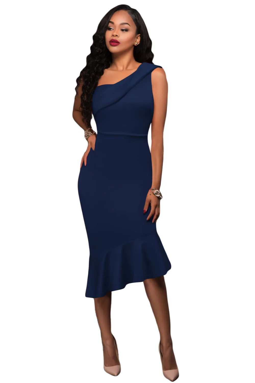 Navy Blue Single Shoulder Ruffle Party Dress 2017 So Hot