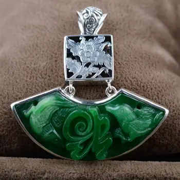 

925 Sterling Silver Hollow Flowers Pendant Natural Green Jade Chinese Word Blessing Engraved Amulet For Women Shift Luck