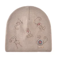 Winter Knitted Hats For Women New Fashion Beanie With Cute Rhinestone Pearls Cats High Quality Cap Ladies Knit Skullies Bonnet 2