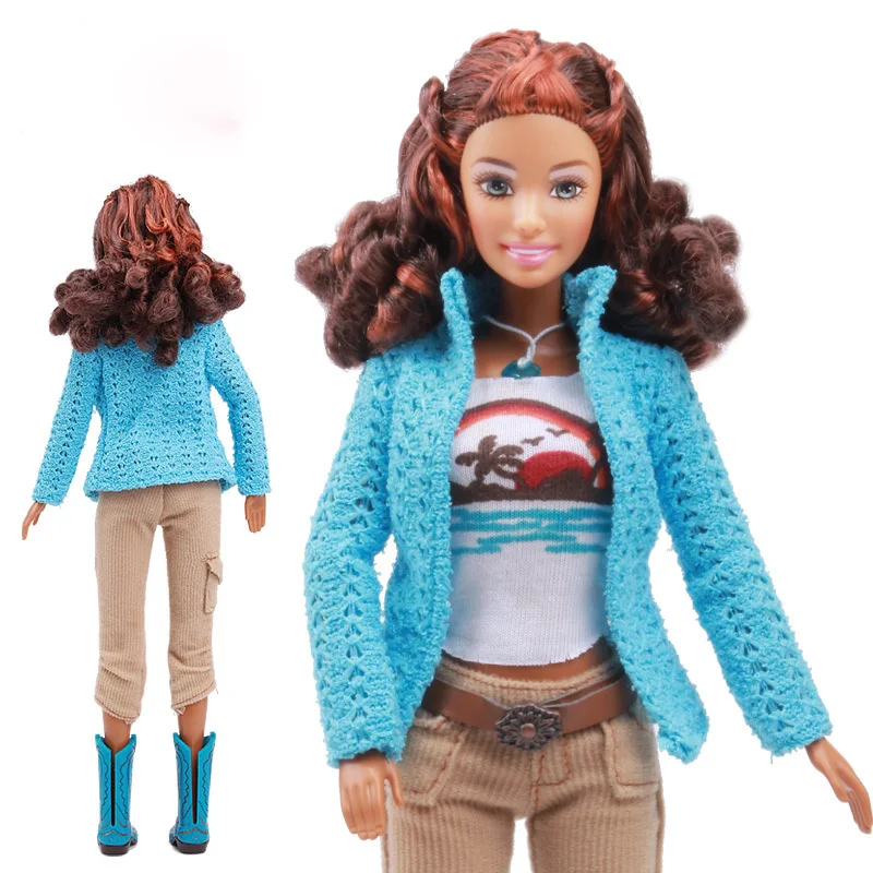 Original Brown Skin Curly Hair Doll / Cow Boy Style Blue Sweater Gray Pants Boots Outfit Accessories / For Barbie Doll Gift