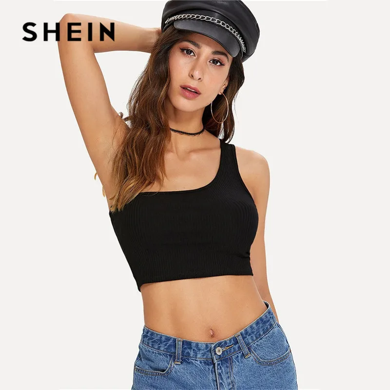 SHEIN цельный топ на одно плечо в рубчик, Женский Топ, женская одежда, лето, тонкий сексуальный укороченный топ, минималистичный Базовый Топ
