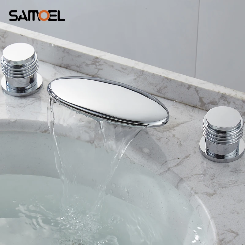 

Unique Design Brass Deck Mounted 3-hole Basin Faucets Chrome Waterfall Dual Handle Bathroom Sink Mixer Tap 3pcs set 1201C