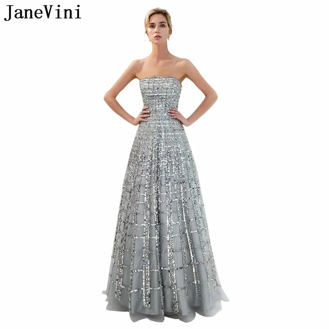 Best Price JaneVini Sparkly Grid Sequined Beading Grey Long Bridesmaid Dresses A Line Strapless Tulle Pageant Prom Party Gowns Floor Length Best Price JaneVini Sparkly Grid Sequined Beading Grey Long Bridesmaid Dresses A Line Strapless Tulle Pageant Prom Party Gowns Floor Length