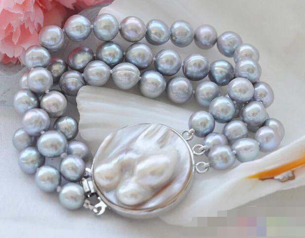 

free shipping 12692 3row gray round freshwater pearl bracelet