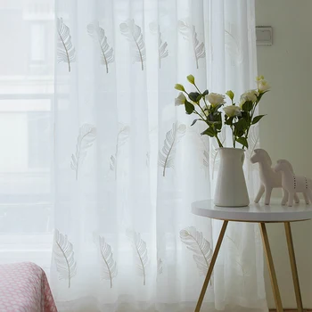 

Concise Home Tulle Curtain for Living Room Pure Bright Sheer Curtain Accept Customization Solid Color Embroidery Feather Yarn