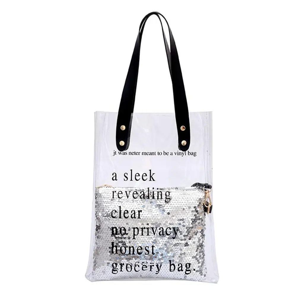 

Yfashion Women Transparent Handbag 2 in 1 Clear Letter Printing Shoulder Bag Large Size Tote