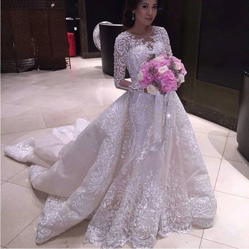 Luxury IIIusion Crew Neck Muslim Wedding Dresses Detachable Train 2017