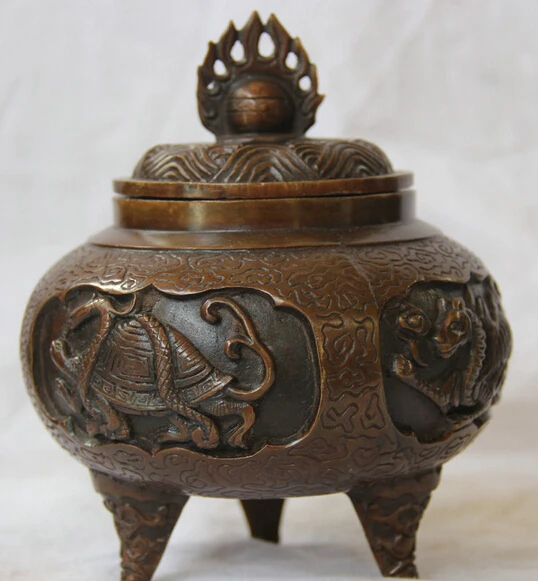 

6" Marked Chinese Bronze Four big beast Dragon Tiger Incense Burner Censer R0710