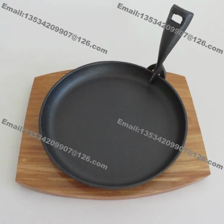 

25cm Round Stovetop Casting Iron Steak Grill Pan Cooking Plate with Wood Stand