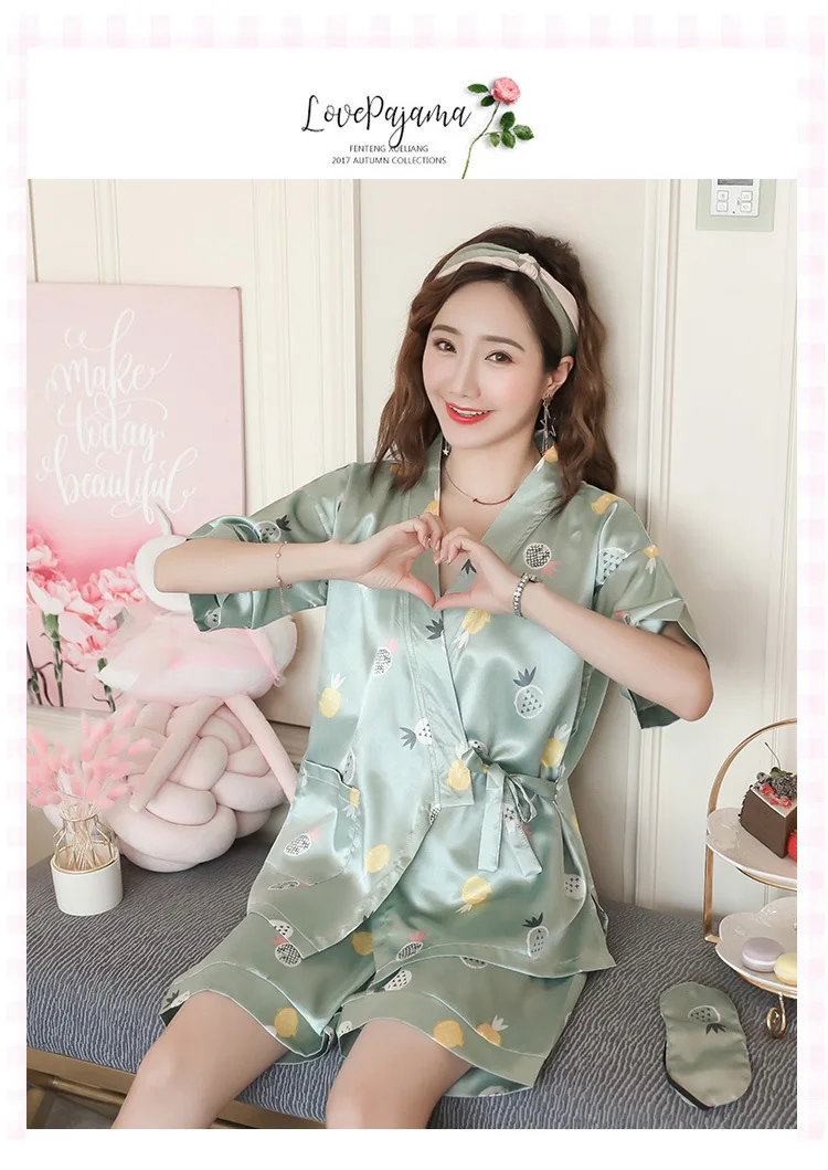 Кимоно в японском стиле, пижамы, летние шелковые пижамы с короткими рукавами в Корейском стиле, домашний комплект из двух предметов для студентов, Can Ou