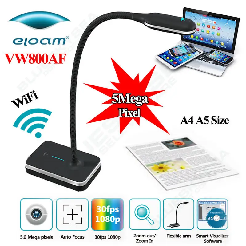 

2pcs/lot Eloam VW800AF HD 5.0MP 2592x1944 WIFI Wireless A4 A5 Doc Photo Book Portable Cam Scanner A4 Visualizer