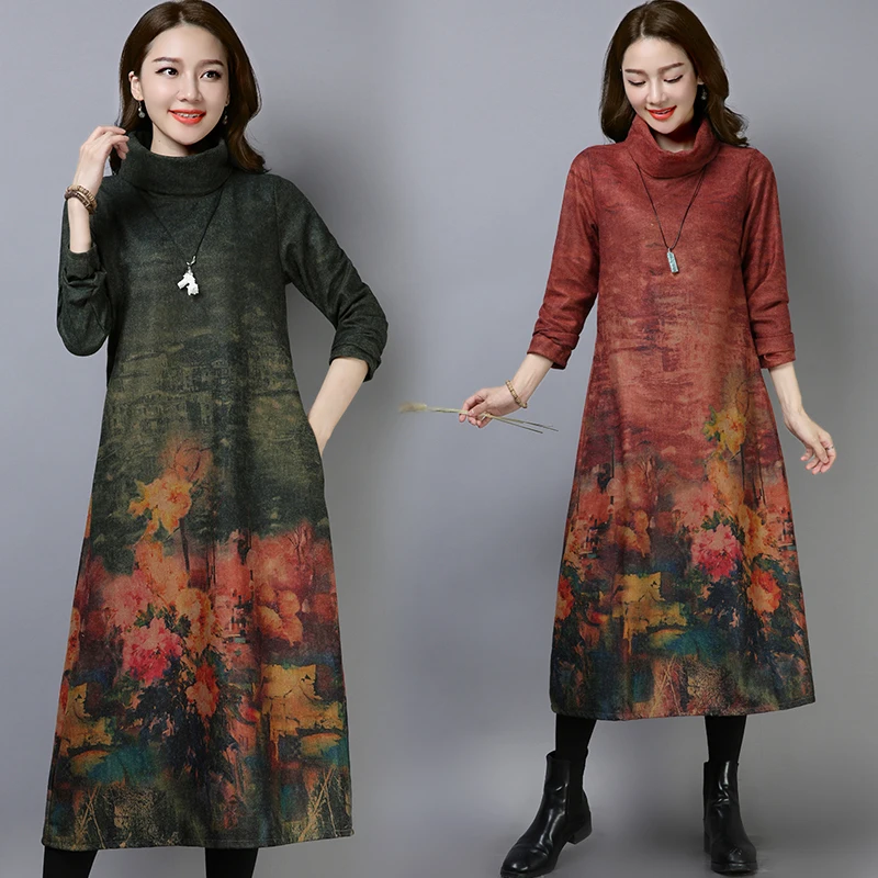

Winter-Fall Plus Size Loose Fit Floral Flowers Wool Blends Blanket Dress Women's Ladies Vintage Maxi Long TurtleNeckJumper Gown