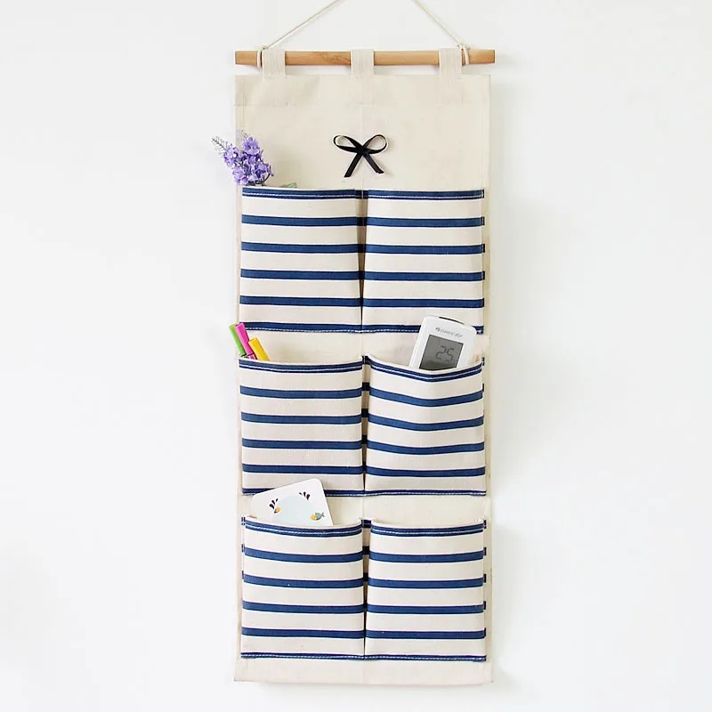 6Pockets Stripe bowknot Wall Hanging Storage Bag 1PC Zakk Cotton Linen